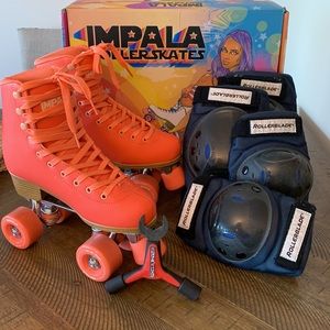 New Coral Pink Impala Roller skates size 6, elbow & knee pads, Y-3 skate tool